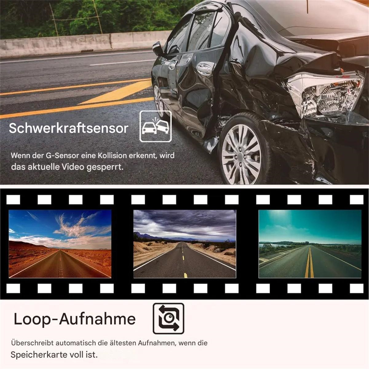 Beschädigtes schwarzes Auto am Straßenrand. Unfallstelle. Filmstreifen mit Straßenbildern.