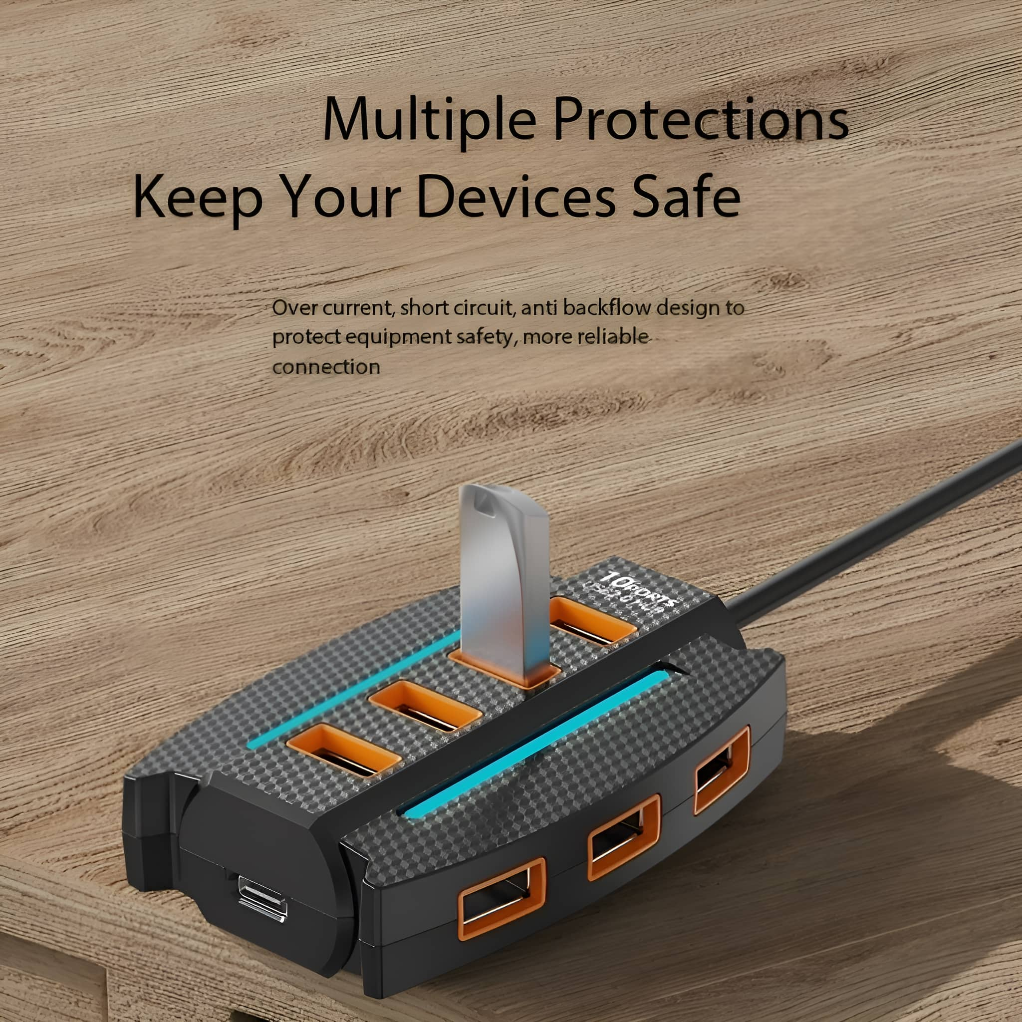 Ein schwarzer USB-Hub mit orangefarbenen USB-Anschlüssen. Ein USB-Stick ist eingesteckt. Text lautet: 'Mehrfachschutz, schützen Sie Ihre Geräte'.