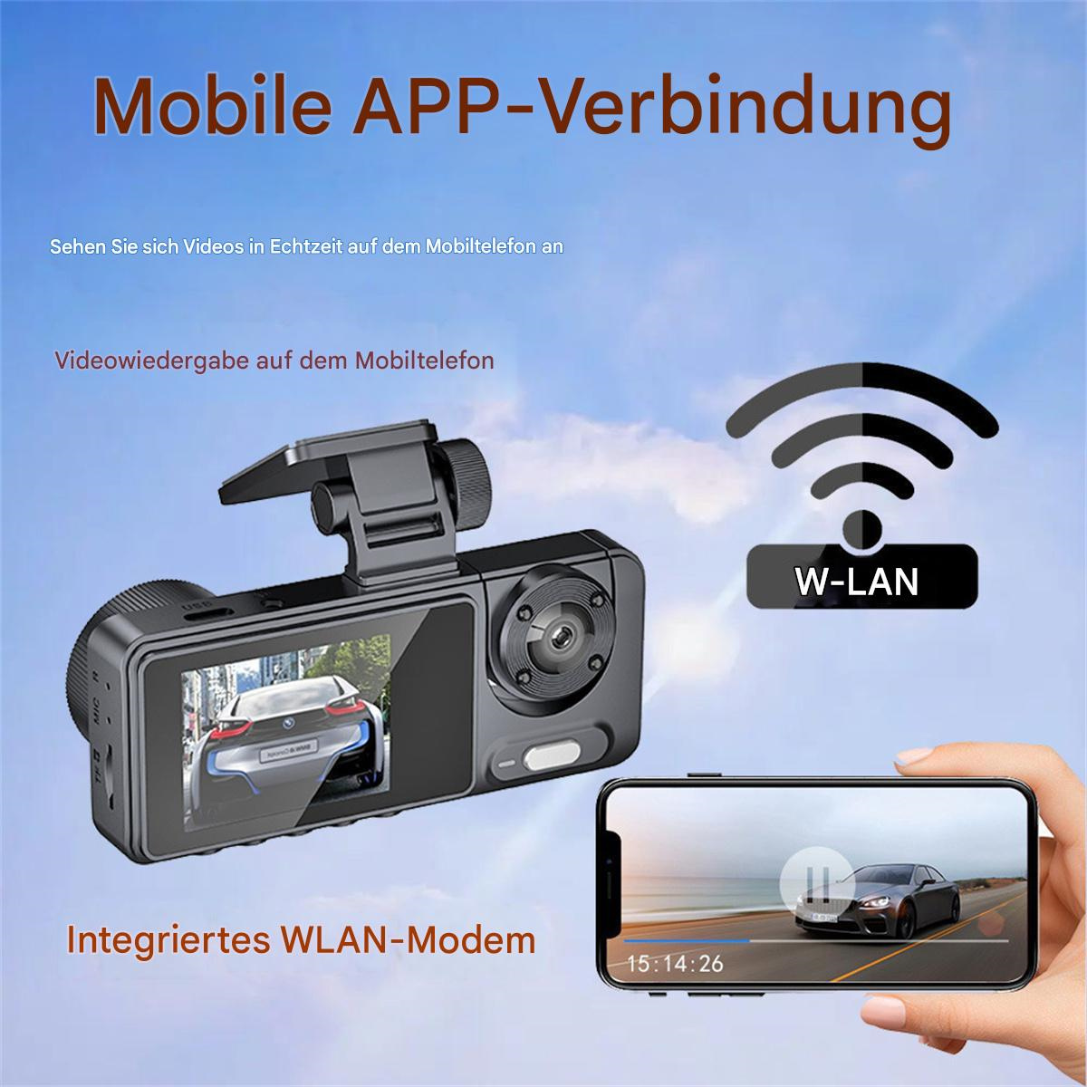 Eine Dashcam mit einer Auto-Videoanzeige auf einem Smartphone, das ein Auto auf der Straße mit WLAN zeigt.