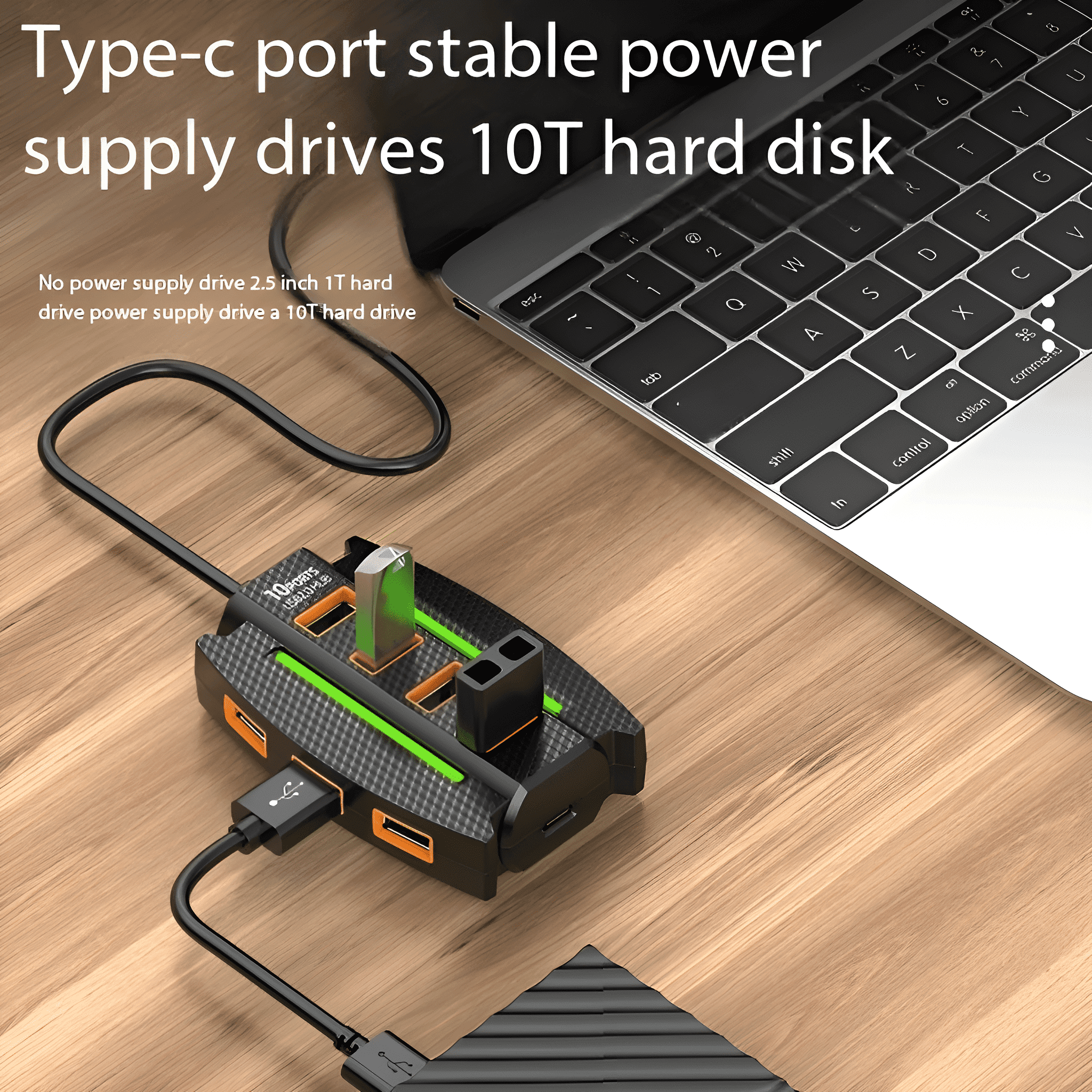 Ein schwarzer USB-Hub mit USB-Laufwerken und einem Laptop. Der Text lautet: Typ-C-Anschluss, stabile Stromversorgung, 10T-Festplatte.