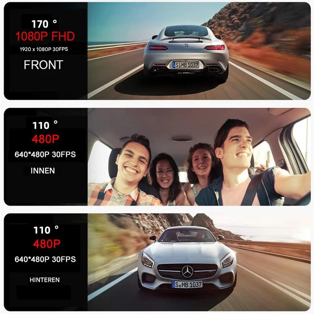 Auto-Dashcam-Setup mit Front-, Innen- und Heckansicht, mit Textüberlagerungen.