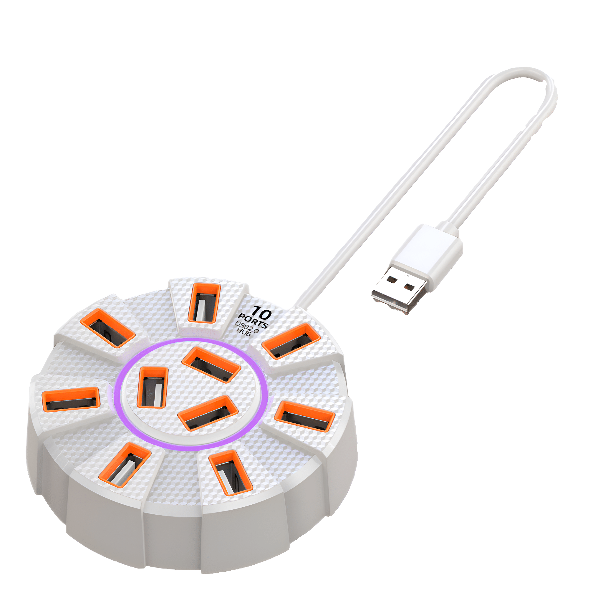 Weißer USB-Hub mit 10 Anschlüssen, orangefarbenen Akzenten und USB-Kabel.