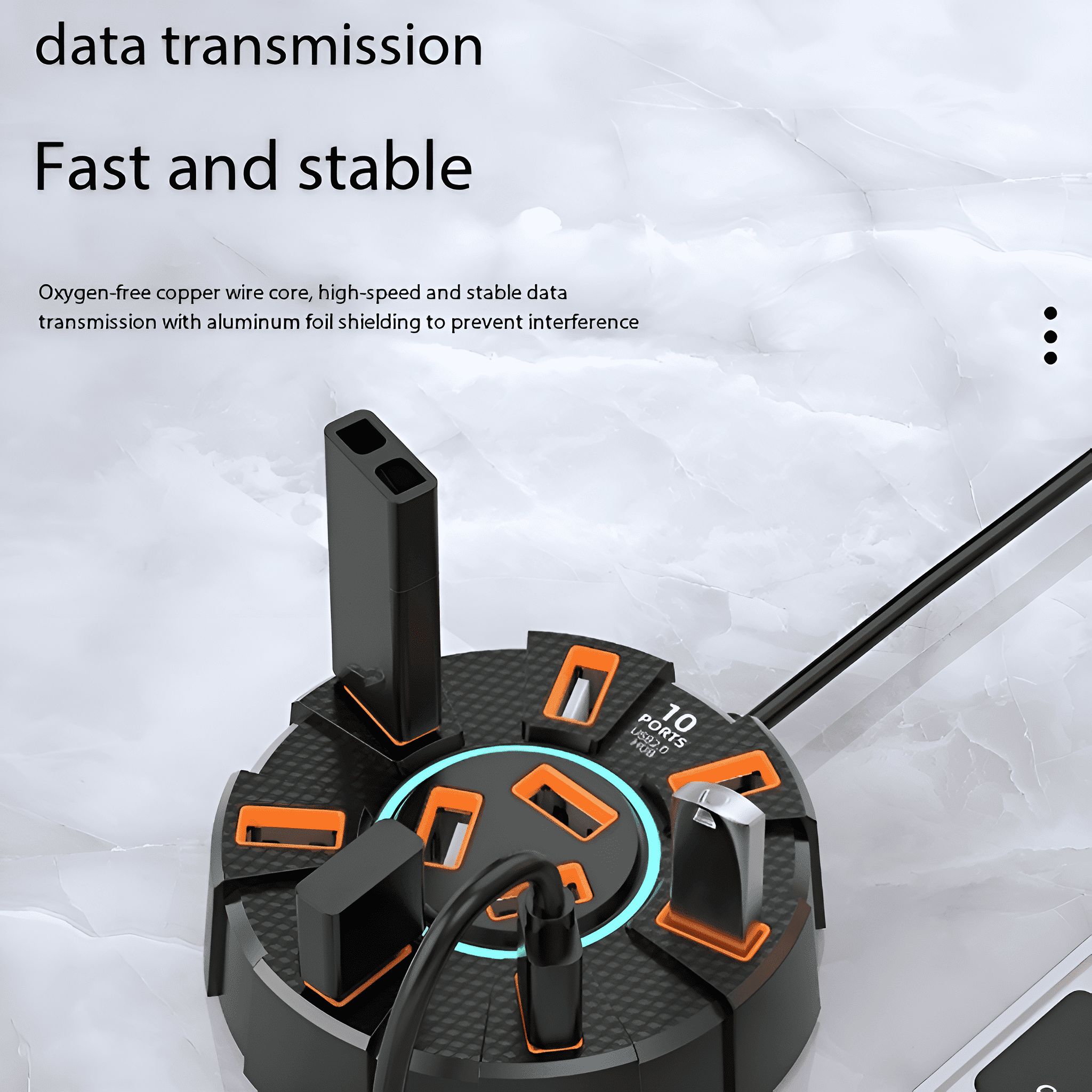 Schwarzer USB-Hub mit mehreren Anschlüssen. Kabel, Text: Schnell und stabil. Kreisförmiges Design mit orangefarbenen Akzenten.