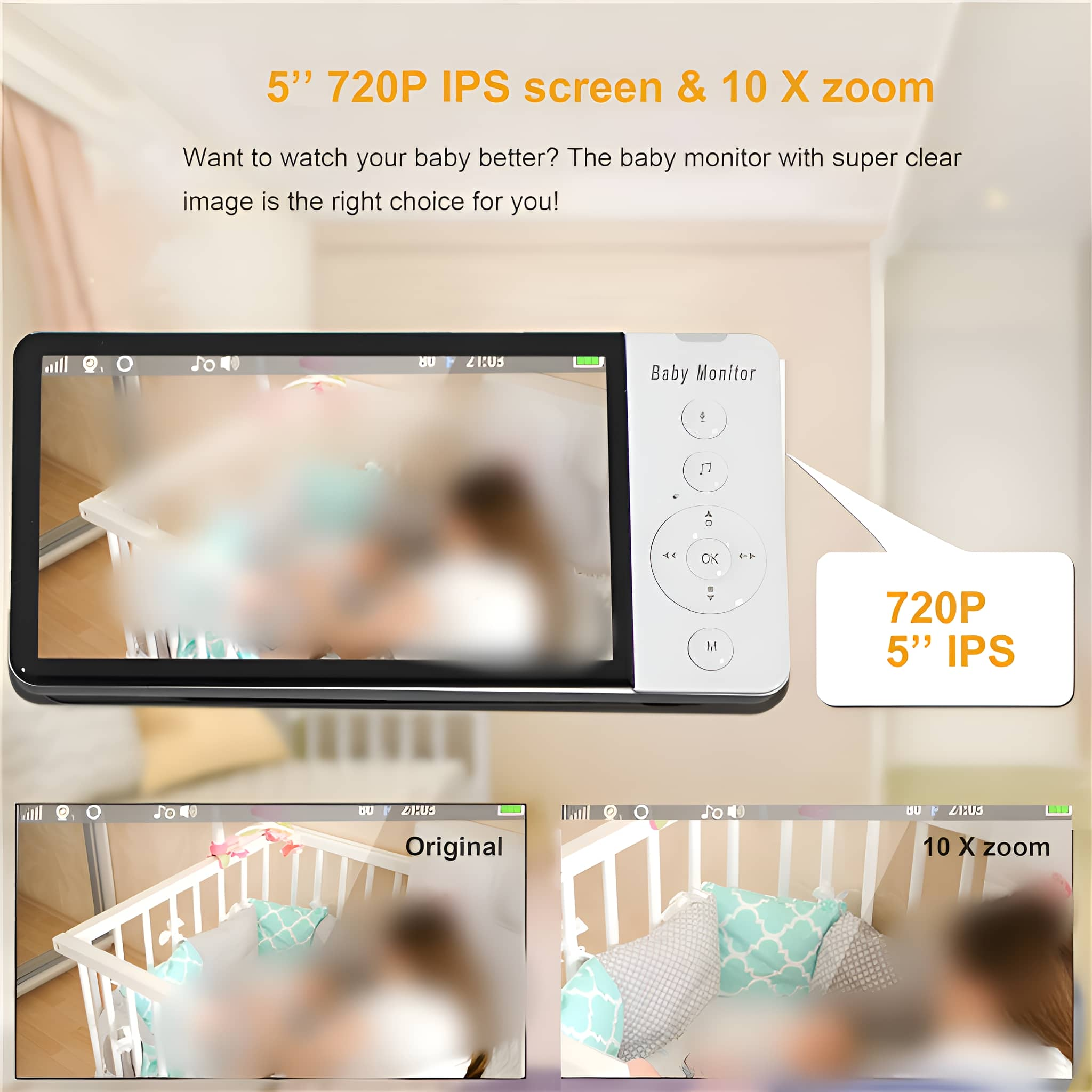 Babyphone mit Baby im Kinderbett. 5" Bildschirm und 10x Zoom-Optionen hervorgehoben.