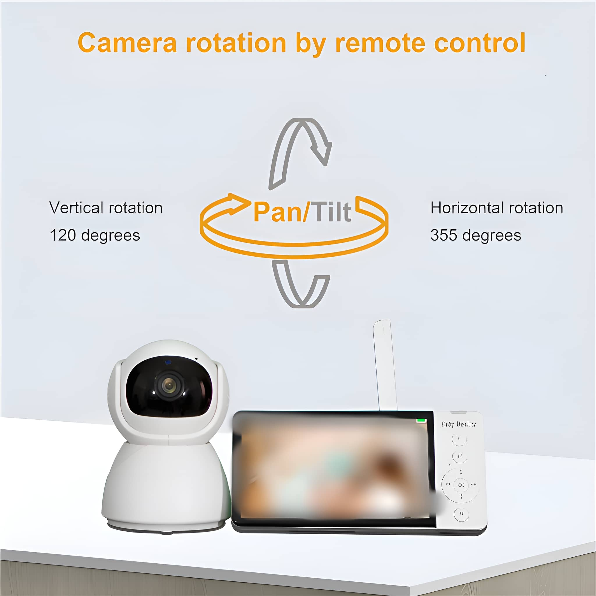 Weißer Baby-Monitor mit rotierender Kamera und Bildschirm. Text zeigt Kamera-Drehung per Fernbedienung an.