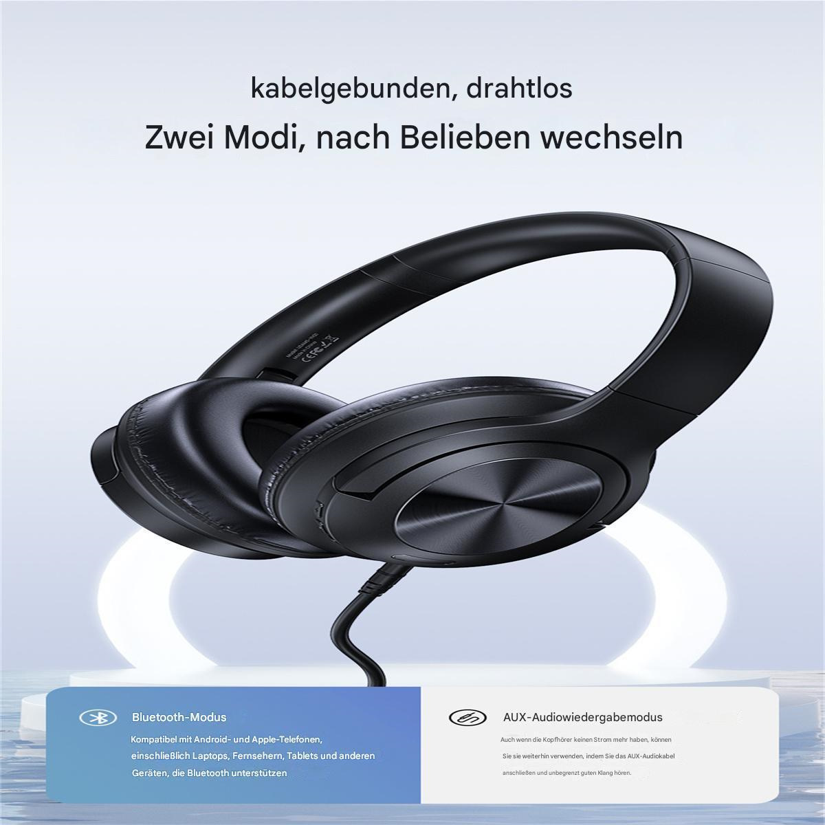 Schwarze Kopfhörer mit Kabel. Text über Bluetooth- und AUX-Modus ist sichtbar.