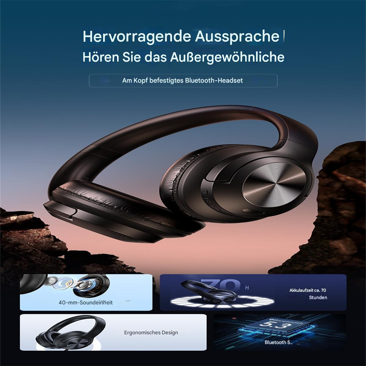 Schwarze Kopfhörer mit Ohrmuscheln, einem Stirnband und detaillierten Diagrammen, vor rauem Hintergrund.