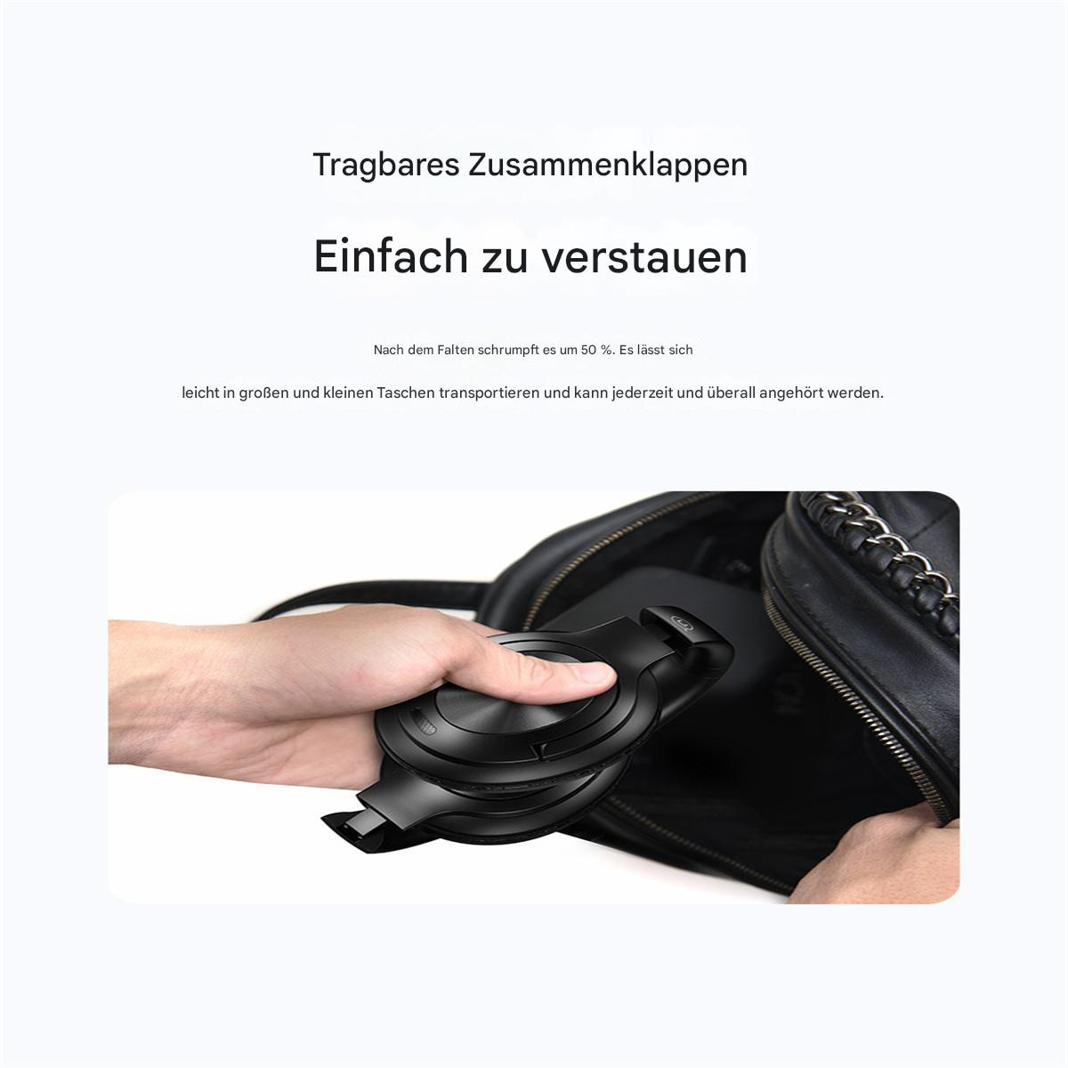 Schwarze faltbare Kopfhörer werden in eine schwarze Tasche gelegt. Text: faltbar, einfach zu verstauen.