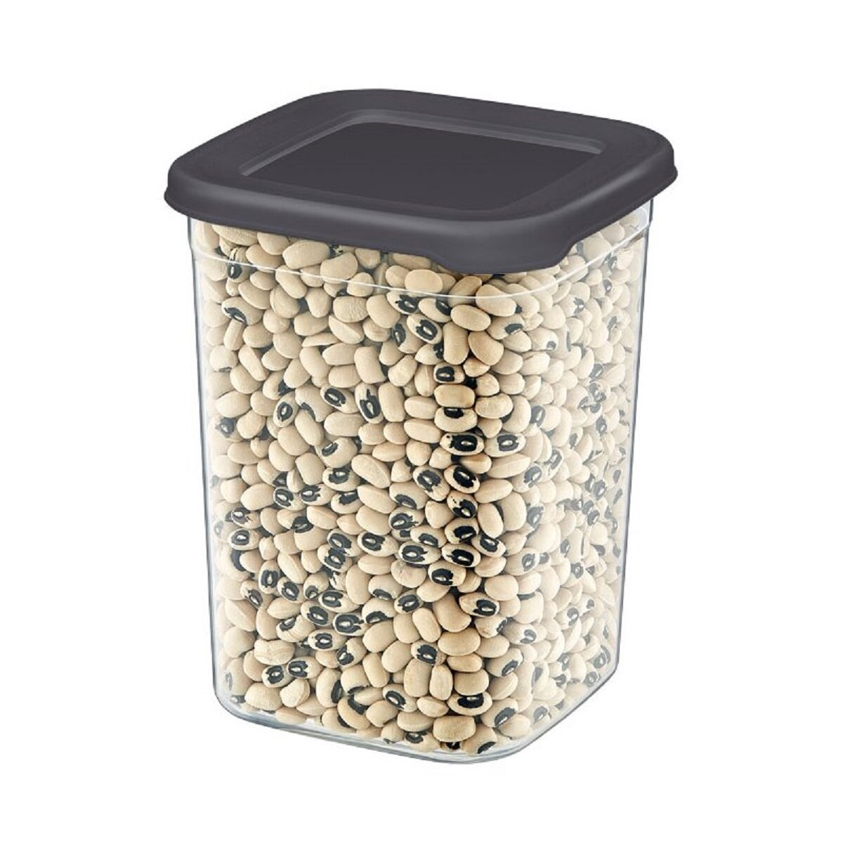 Un contenitore di plastica trasparente pieno di fagioli bianchi e un coperchio nero.