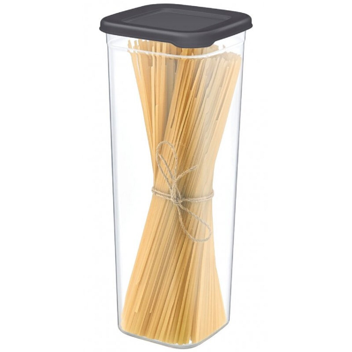 Un contenitore rettangolare trasparente pieno di spaghetti crudi, sigillato con un coperchio nero.