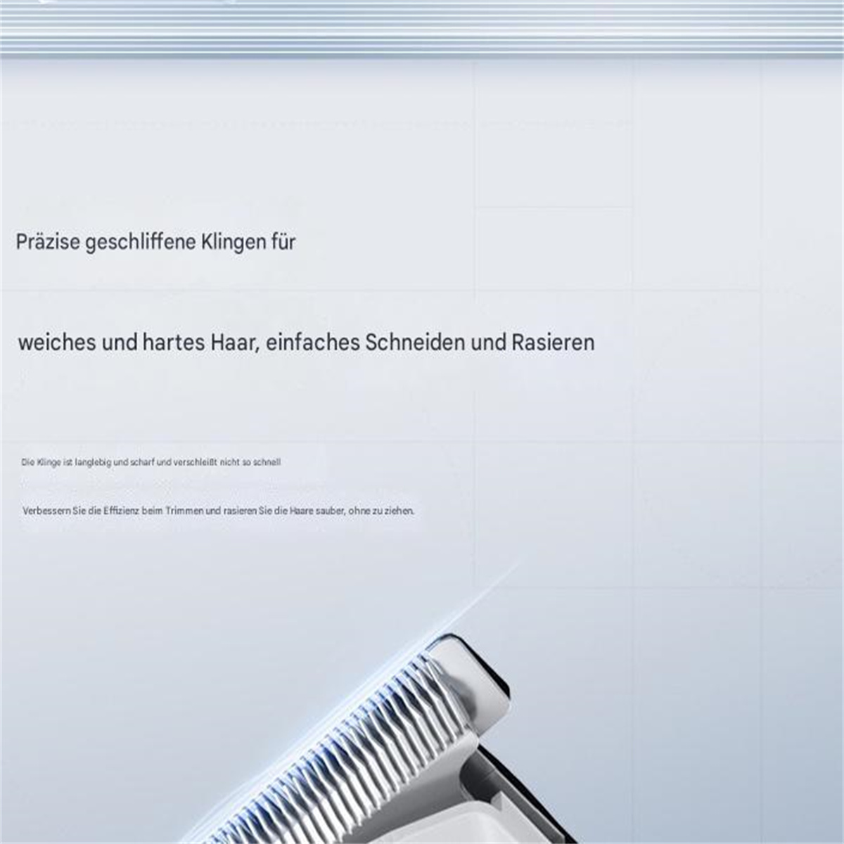 Text über Haarschneider auf hellem Hintergrund, mit einer Nahaufnahme der Scherklinge.