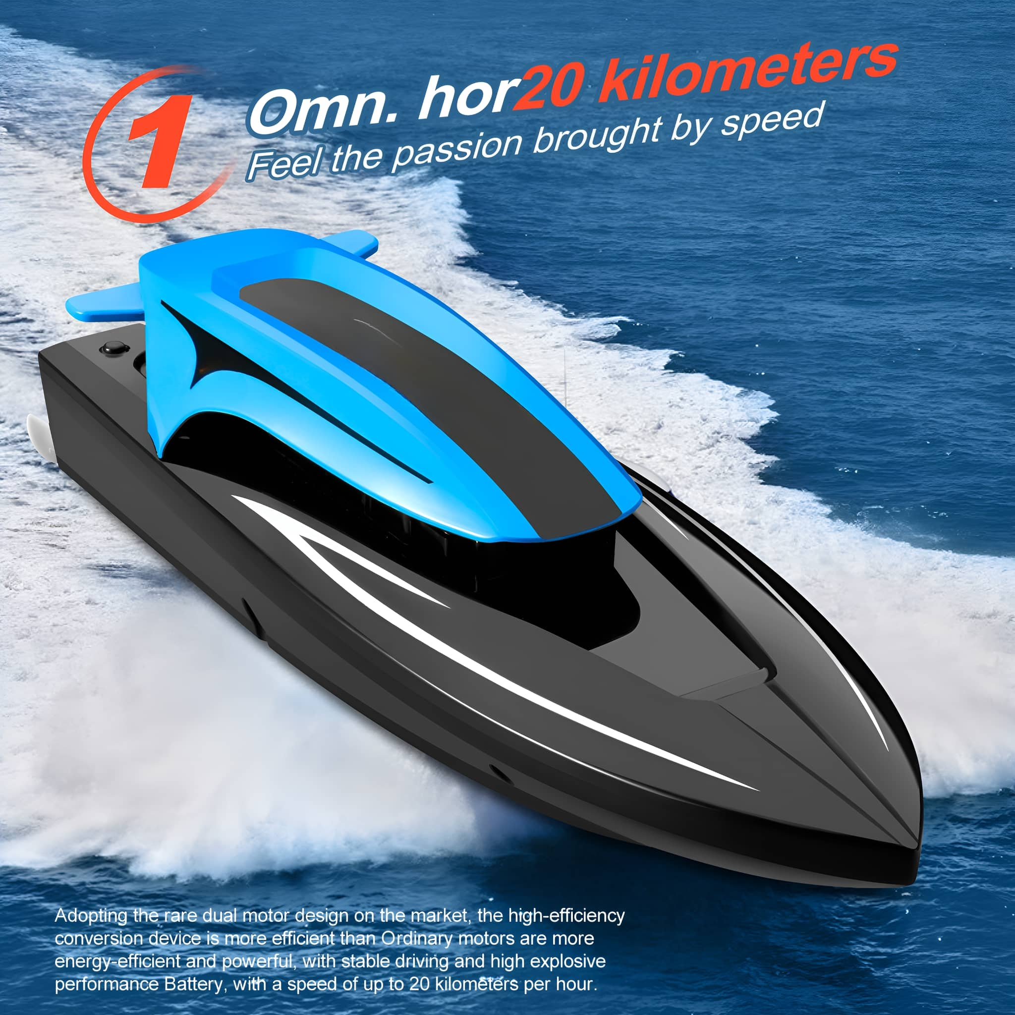 Schwarz-blaues Spielzeugboot, das auf dem Wasser fährt. Text über Geschwindigkeit.