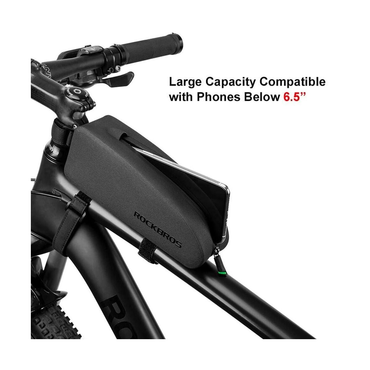 Schwarze Fahrradtasche am Rahmen, mit einem Telefon darin und Text, der besagt: "Large Capacity Compatible".