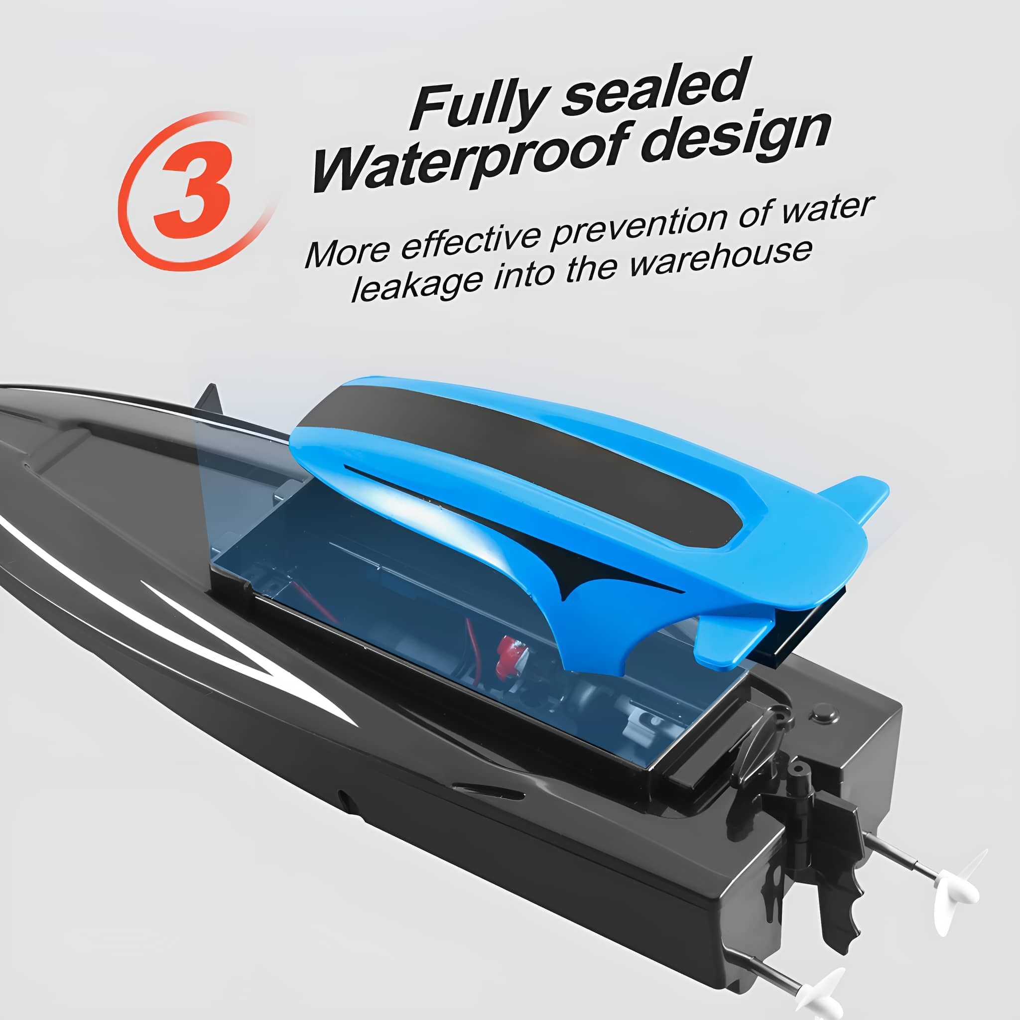 Ein schwarz-blaues Spielzeugboot mit Textüberlagerung. Das Boot steht auf weißem Grund.