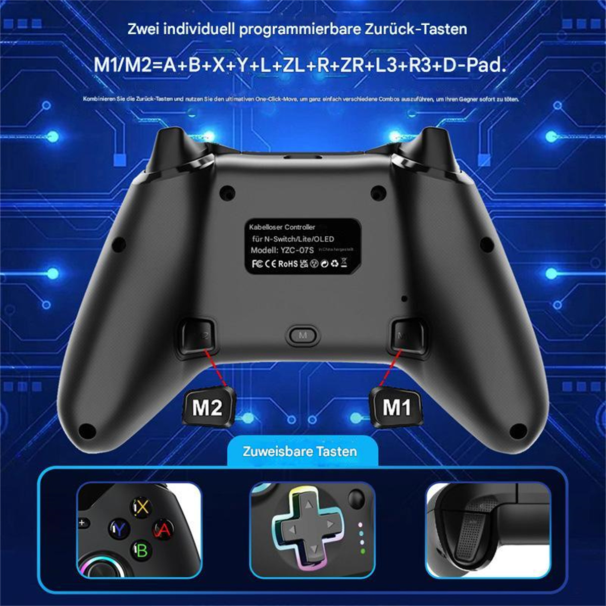 Schwarzer Controller mit Tasten und Text, mit Nahaufnahmen der Tasten. Weißer Hintergrund.