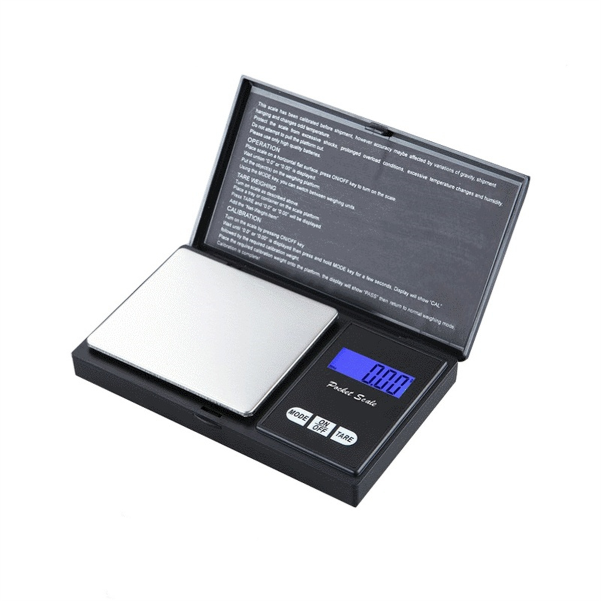 Taschenwaage, schwarz mit Display, das 0,00 anzeigt, und Tasten für Modus, Ein/Aus, Tara.