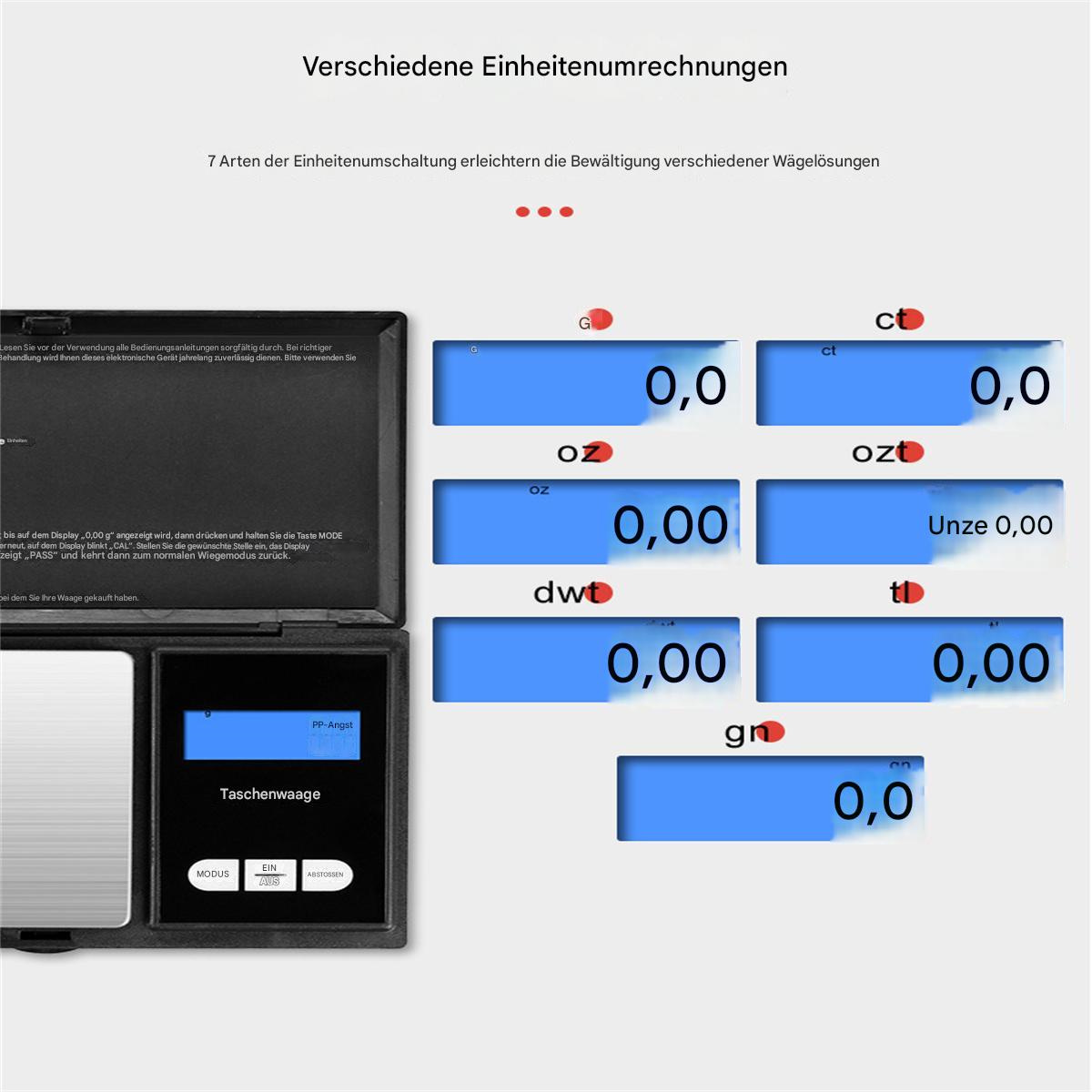 Eine digitale Waage, die verschiedene Maßeinheiten zeigt: g, ct, oz, dwt, tl, gn. Das Display ist schwarz.