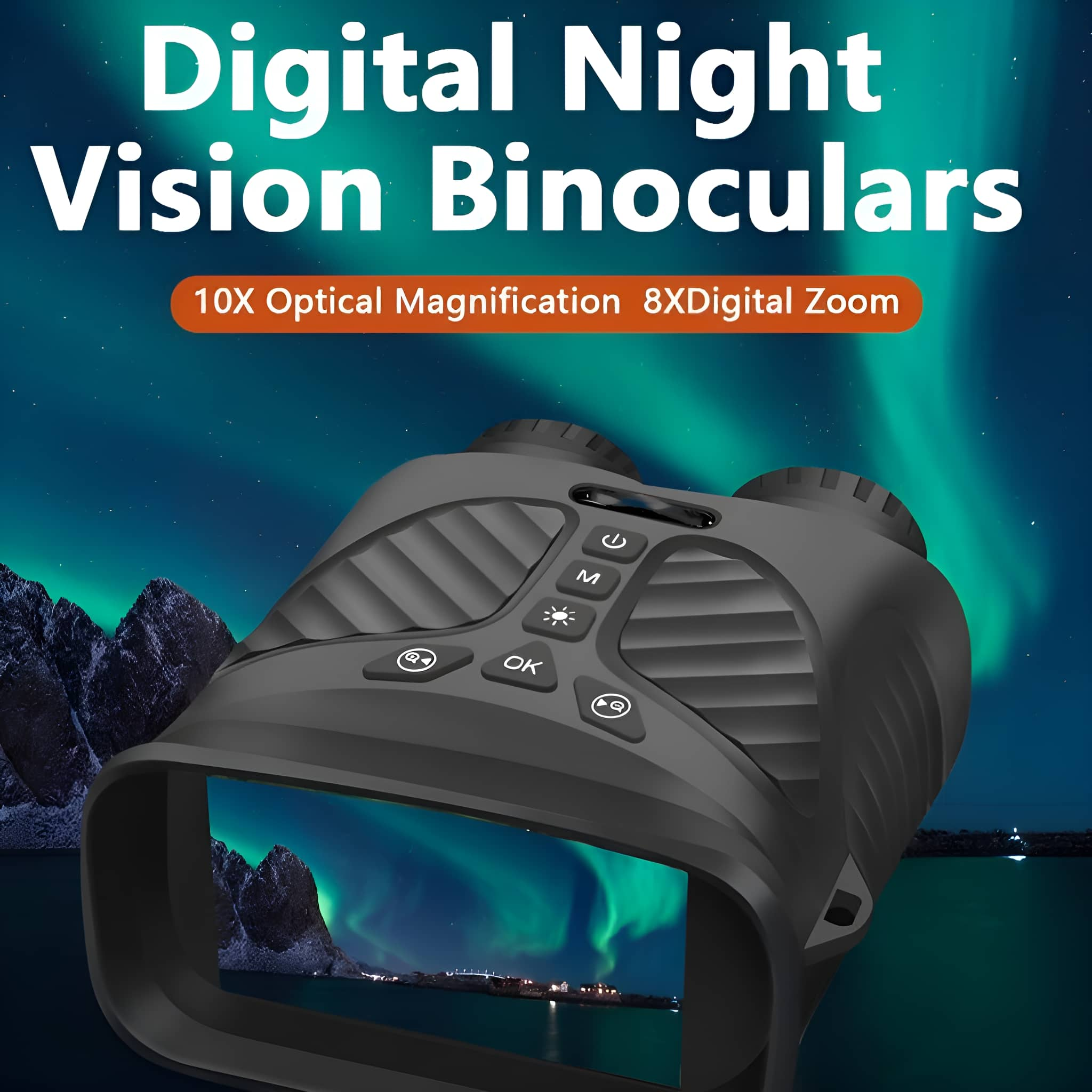 Schwarzes digitales Nachtsichtfernglas mit Textüberlagerung. Nordlichter im Display.
