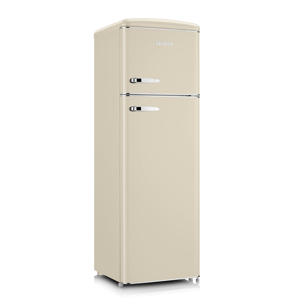 Beżowa lodówka w stylu retro. Srebrne uchwyty i wykończenia. Tekst 'Severin' na górze.