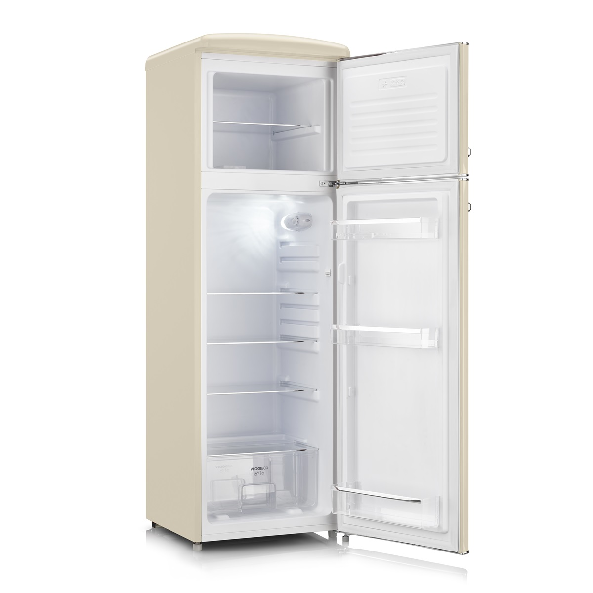 Beżowa lodówka z otwartymi drzwiami, pokazująca półki i szufladę na warzywa.