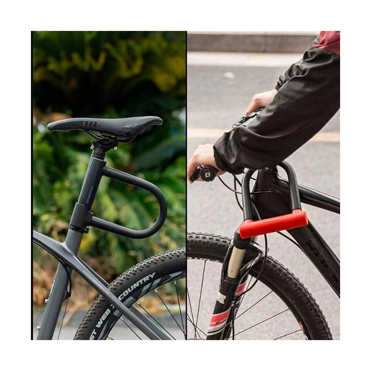 Bici con lucchetto a U sul telaio e lucchetto rosso sulla parte anteriore. La bici è grigia e nera.
