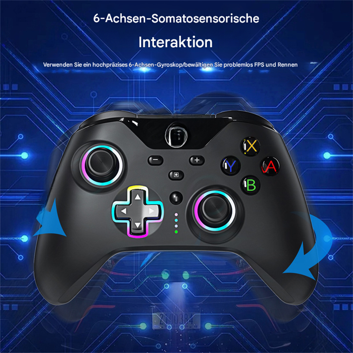 Schwarzer Gamecontroller mit farbigen Knöpfen und Pfeilen, blauer Hintergrund.