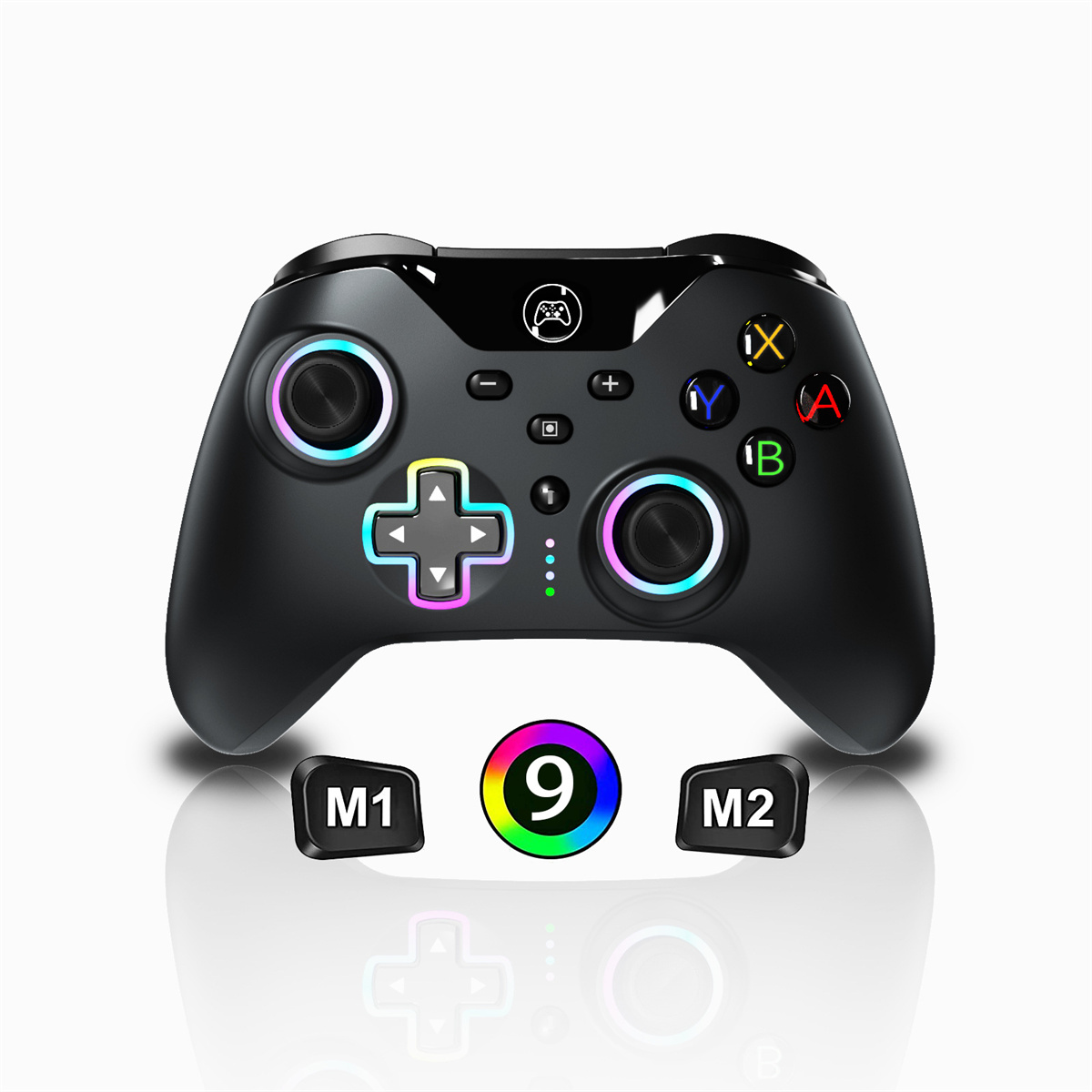 Schwarzer Gamecontroller mit bunten Knöpfen und zwei zusätzlichen Tasten.