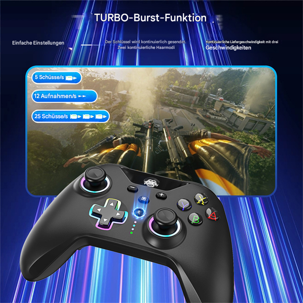Ein schwarzer Gamecontroller mit bunten Knöpfen. Er zeigt einen Bildschirm mit einer Spielszene. Text "TURBO-Burst-Funktion" ist sichtbar.
