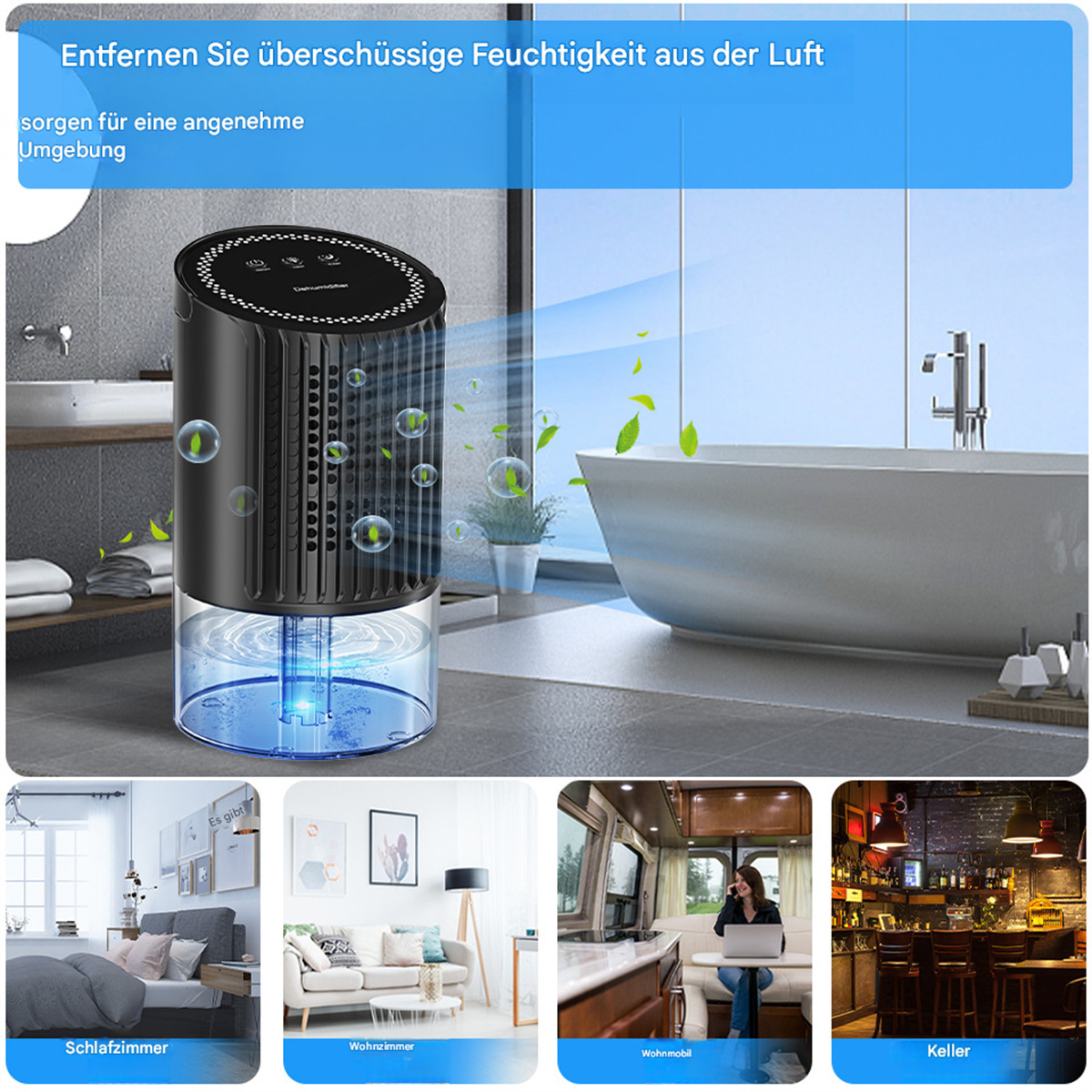 Schwarzer Luftentfeuchter im Bad, mit Wasser und Blasen. Andere Räume sind unten gezeigt.