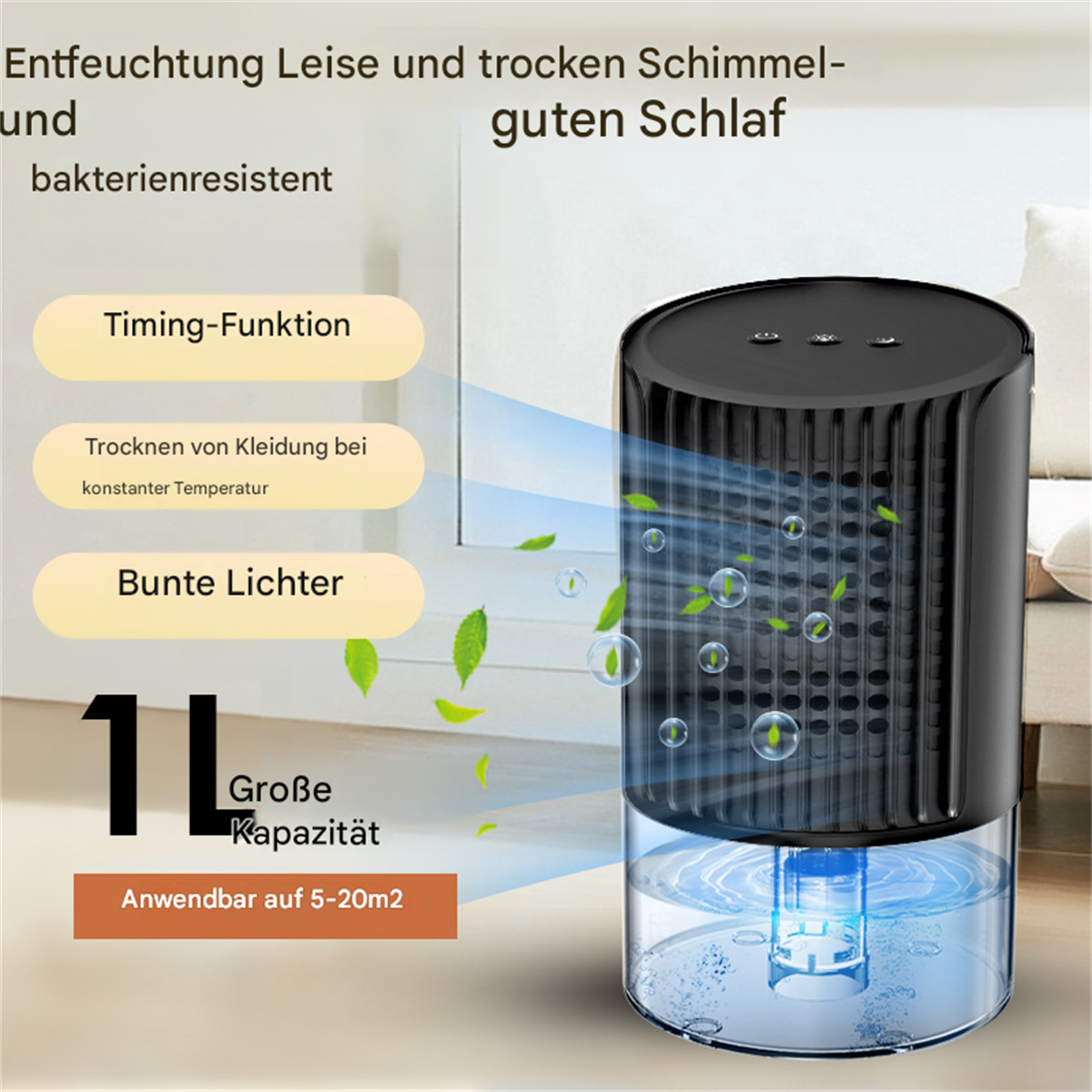 Schwarzer und klarer Luftreiniger mit deutschem Text und blauem Wasser innen.