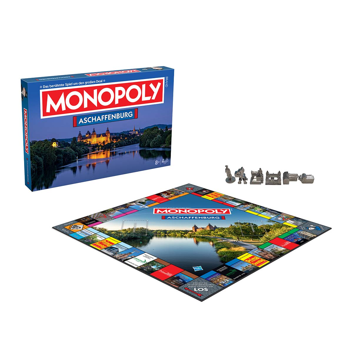 Monopoly-Brettspielbox und -Brett, das eine Flussszene zeigt, Spielsteine sind ebenfalls sichtbar.