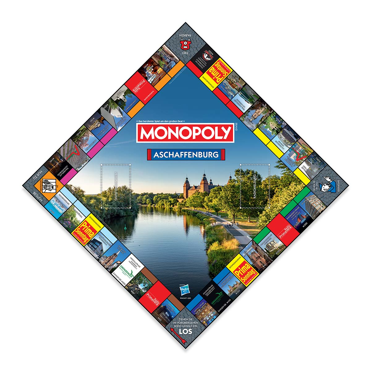 Monopoly-Brettspiel mit Stadtlandschaft in der Mitte, Werbung für die Stadt Aschaffenburg.