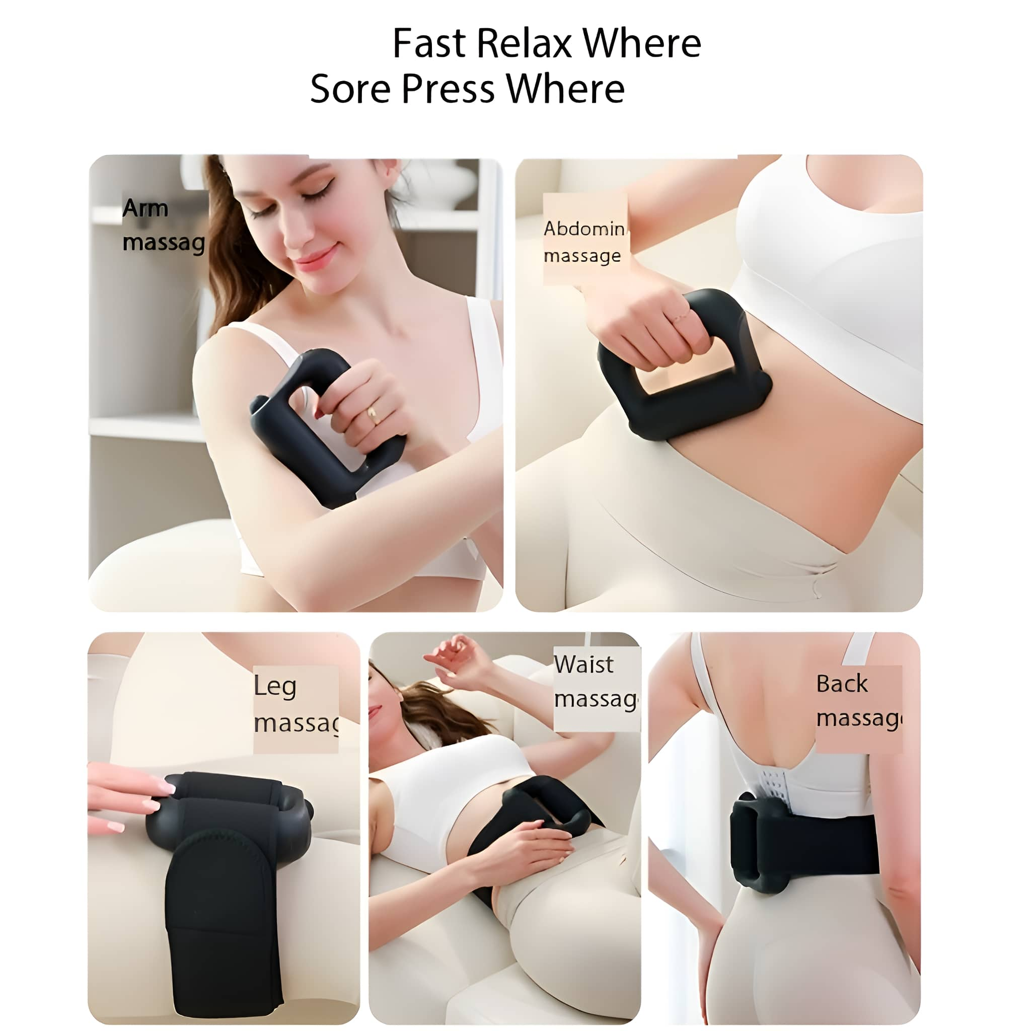 Diagramm zur Verwendung von Massagegeräten an Arm, Bauch, Taille, Bein und Rücken.