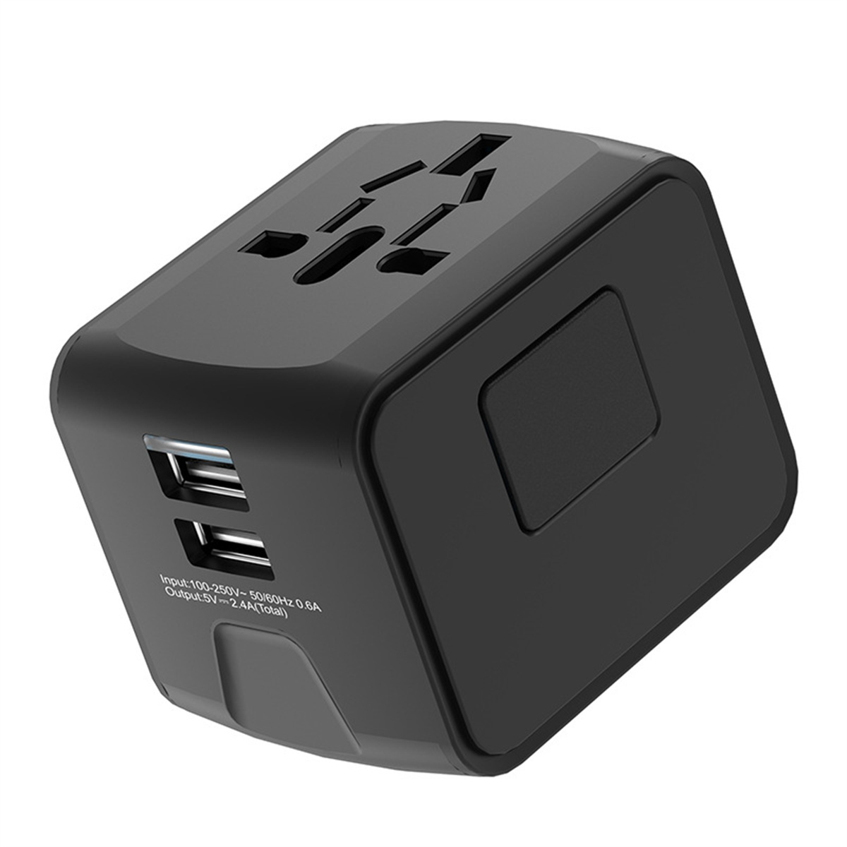 Ein schwarzer würfelförmiger Adapter mit mehreren Steckeroptionen und zwei USB-Anschlüssen.
