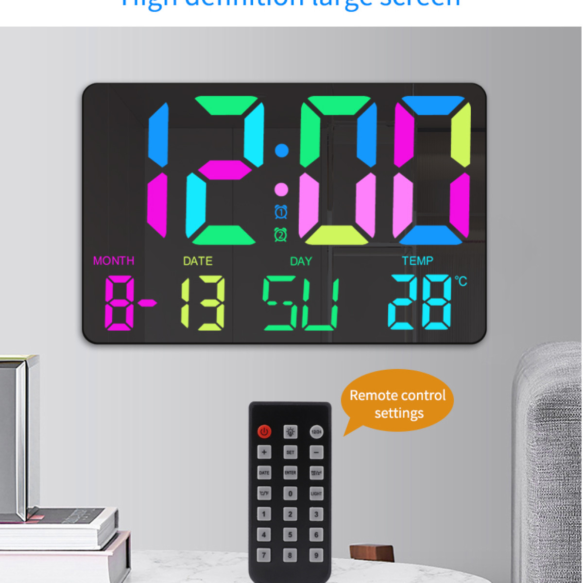 Zegar cyfrowy z różowymi i zielonymi cyframi, pilotem i napisem 'Remote control settings'.
