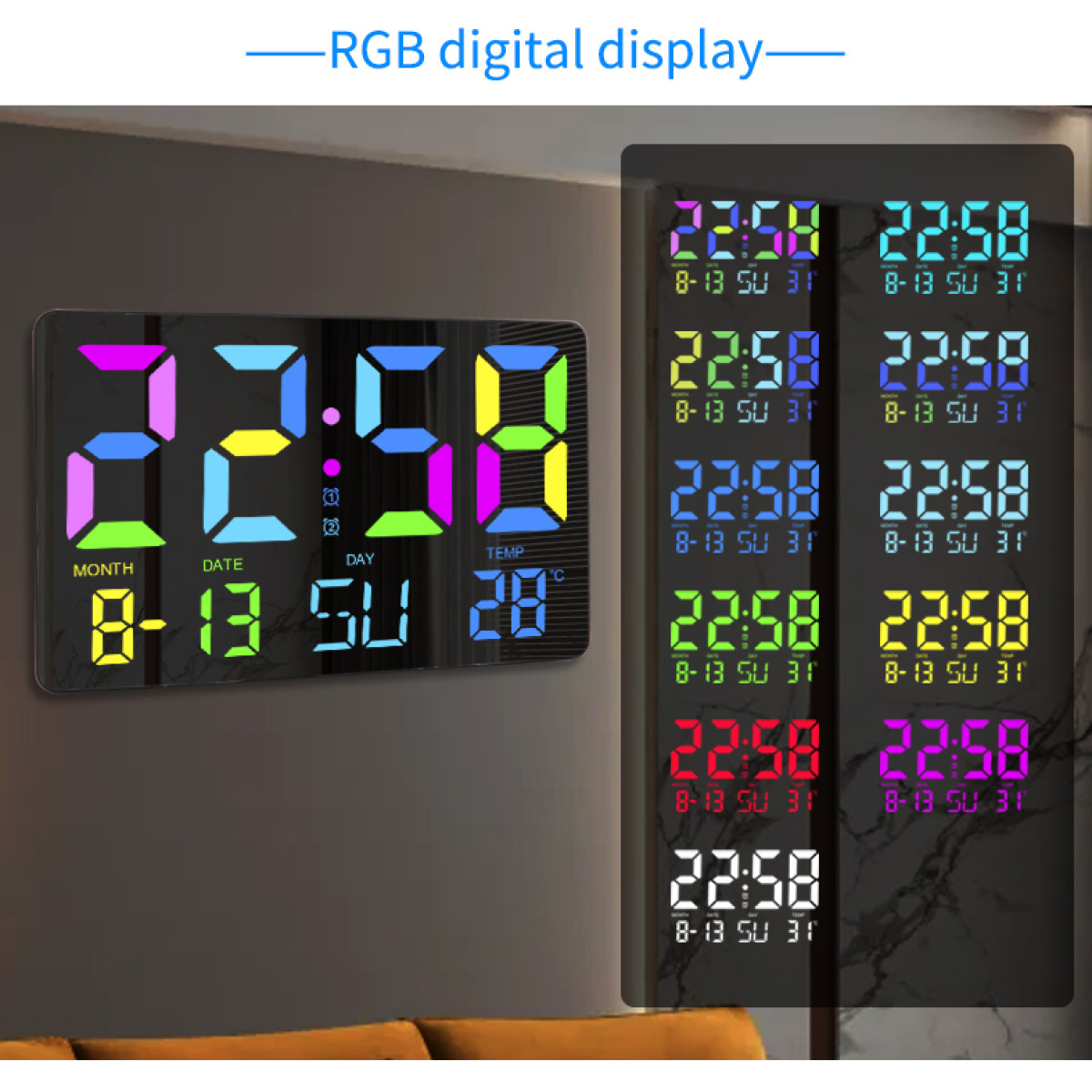 Zegar cyfrowy wyświetlający czas z kolorowymi światłami LED.