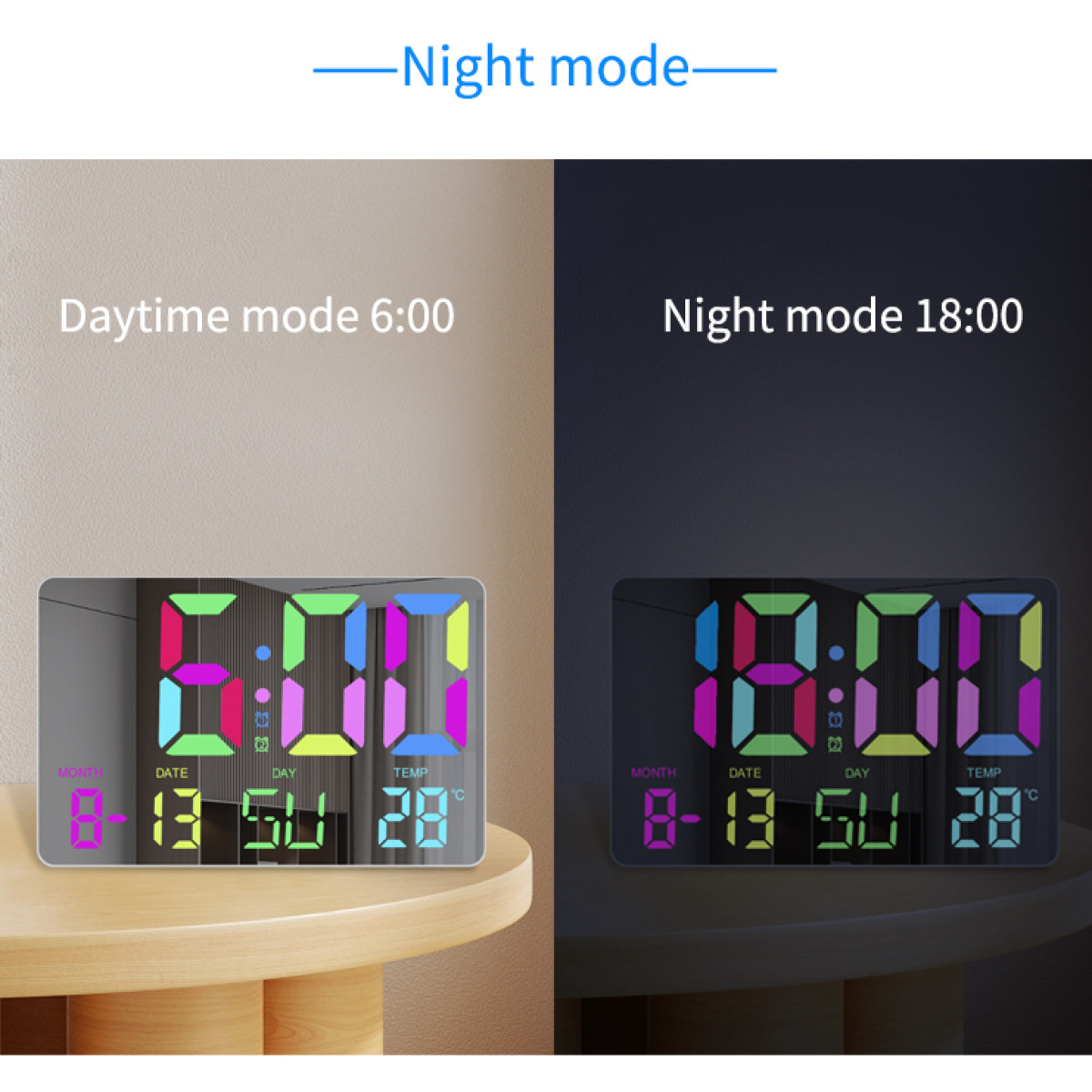 Zegar cyfrowy z trybami dziennym i nocnym. Wyświetla godzinę, datę i temperaturę.