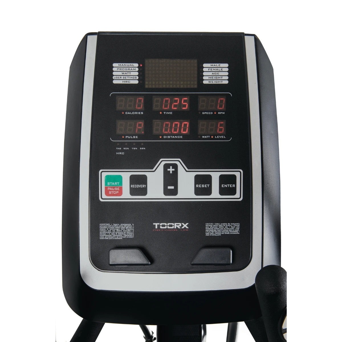 Bedienfeld der Trainingsmaschine mit Datendisplay, Schwarz-Weiß-Thema.