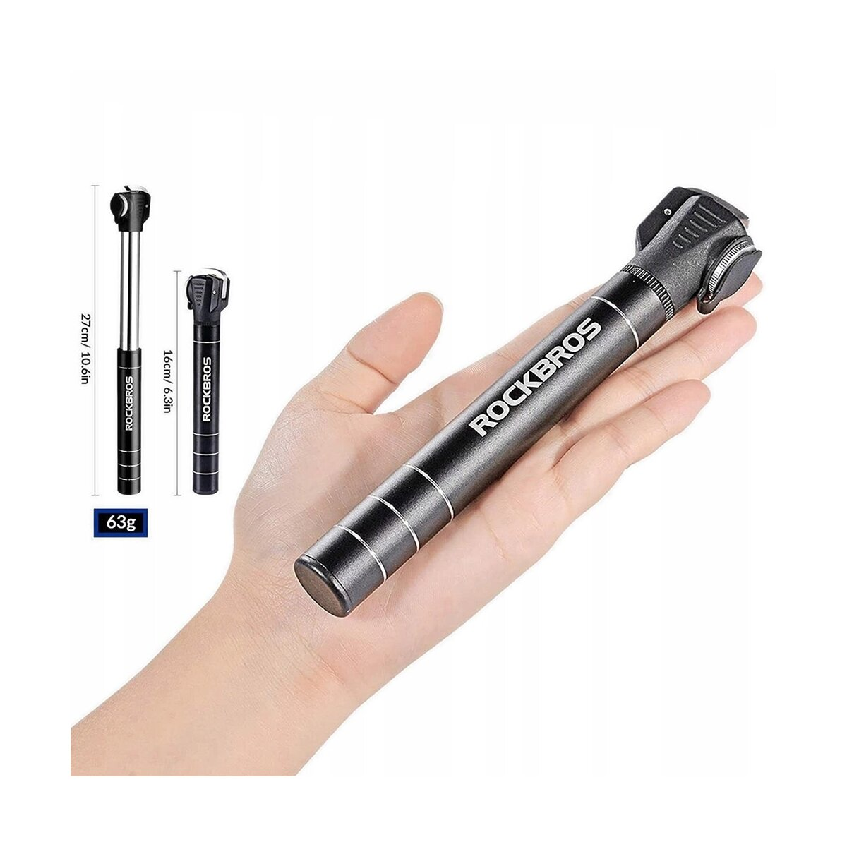 Rockbros-Fahrradpumpe in der Hand, mit zwei kleineren Pumpen daneben zum Größenvergleich.