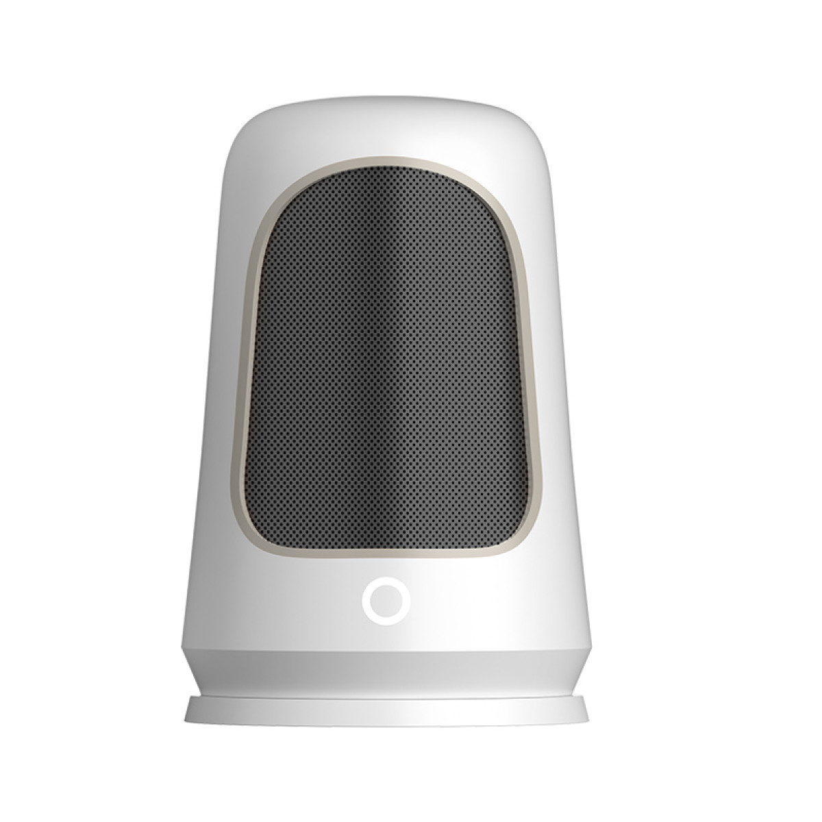Biały i szary oczyszczacz powietrza z okrągłym światłem i siatkowym przodem. Białe tło.