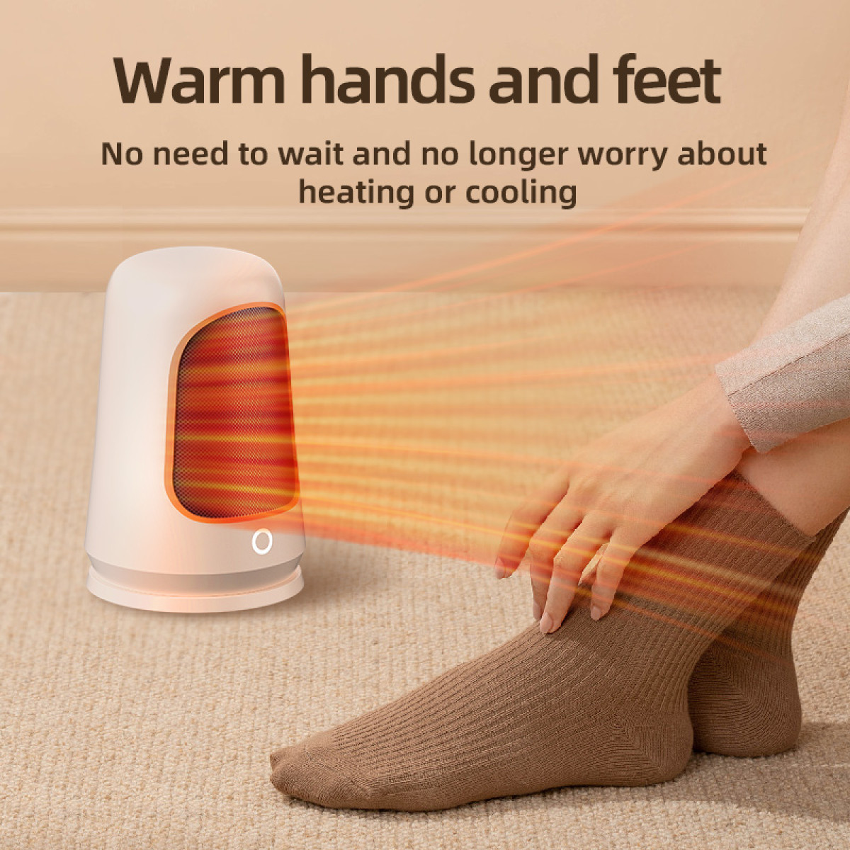 Kobieta z grzejnikiem, w skarpetkach. Widoczny strumień ciepłego powietrza.