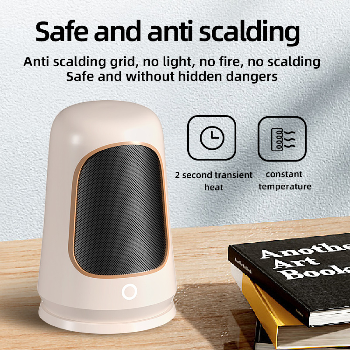 Mały, beżowy grzejnik z czarnym przodem z siatki i książką na stole obok.