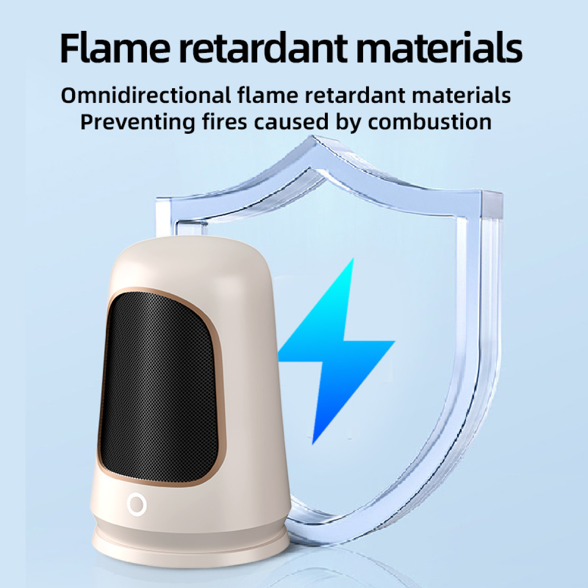 Kremowy grzejnik z czarną siatką i niebieskim symbolem błyskawicy.