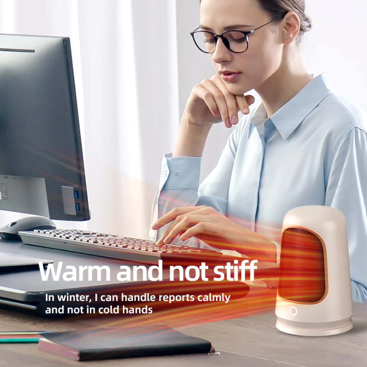 Kobieta używa klawiatury z grzejnikiem biurkowym w pobliżu. Tekst: Ciepło i nie sztywno. Zimą mogę spokojnie radzić sobie z raportami.