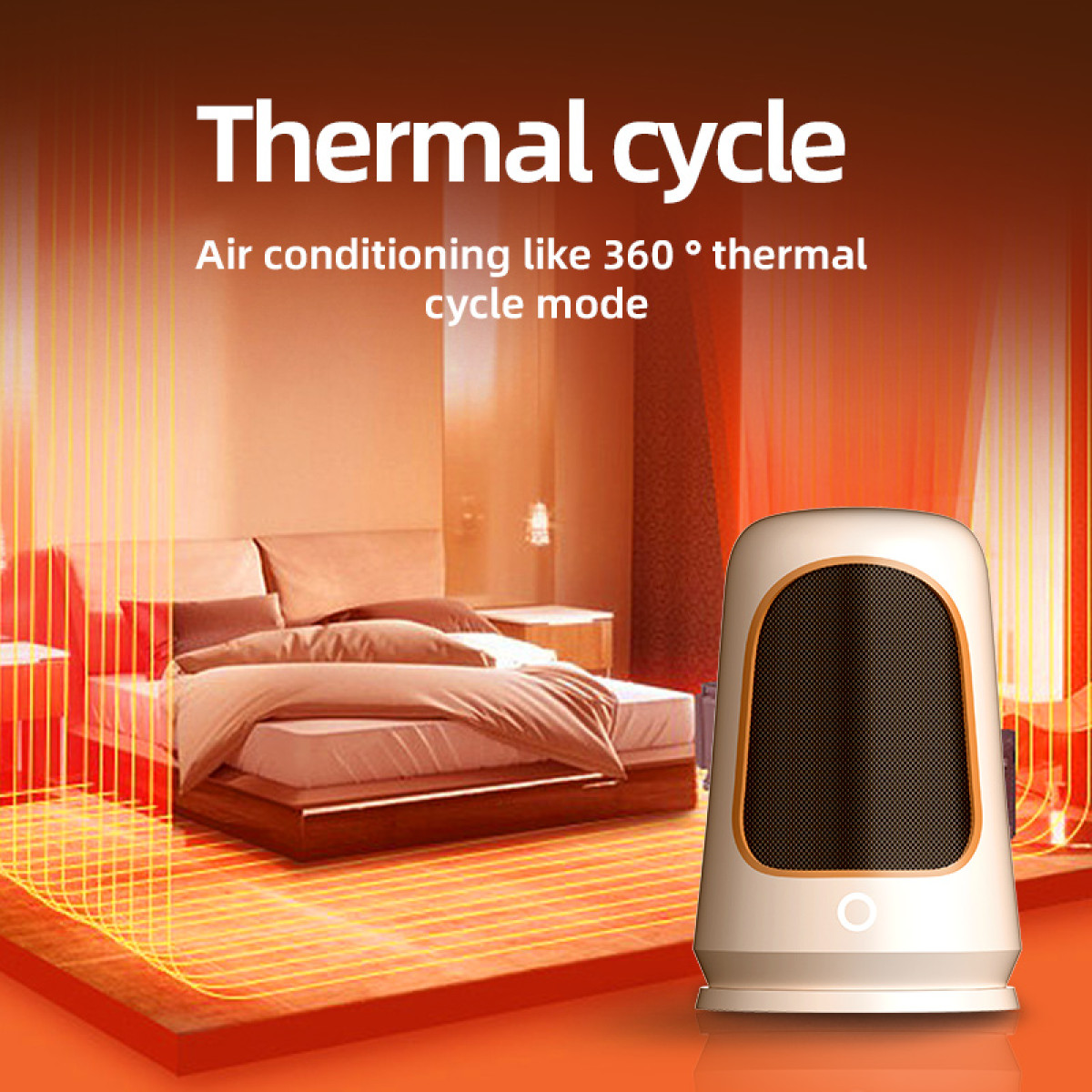 Biało-złoty grzejnik z czarną kratką na tle ciepłego pomarańczowo-czerwonego gradientu.