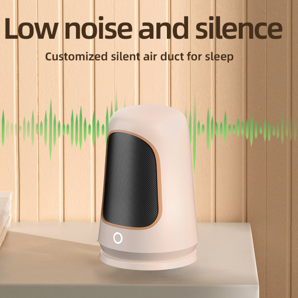 Beżowy oczyszczacz powietrza na białej powierzchni, z zielonymi falami dźwiękowymi i tekstem.