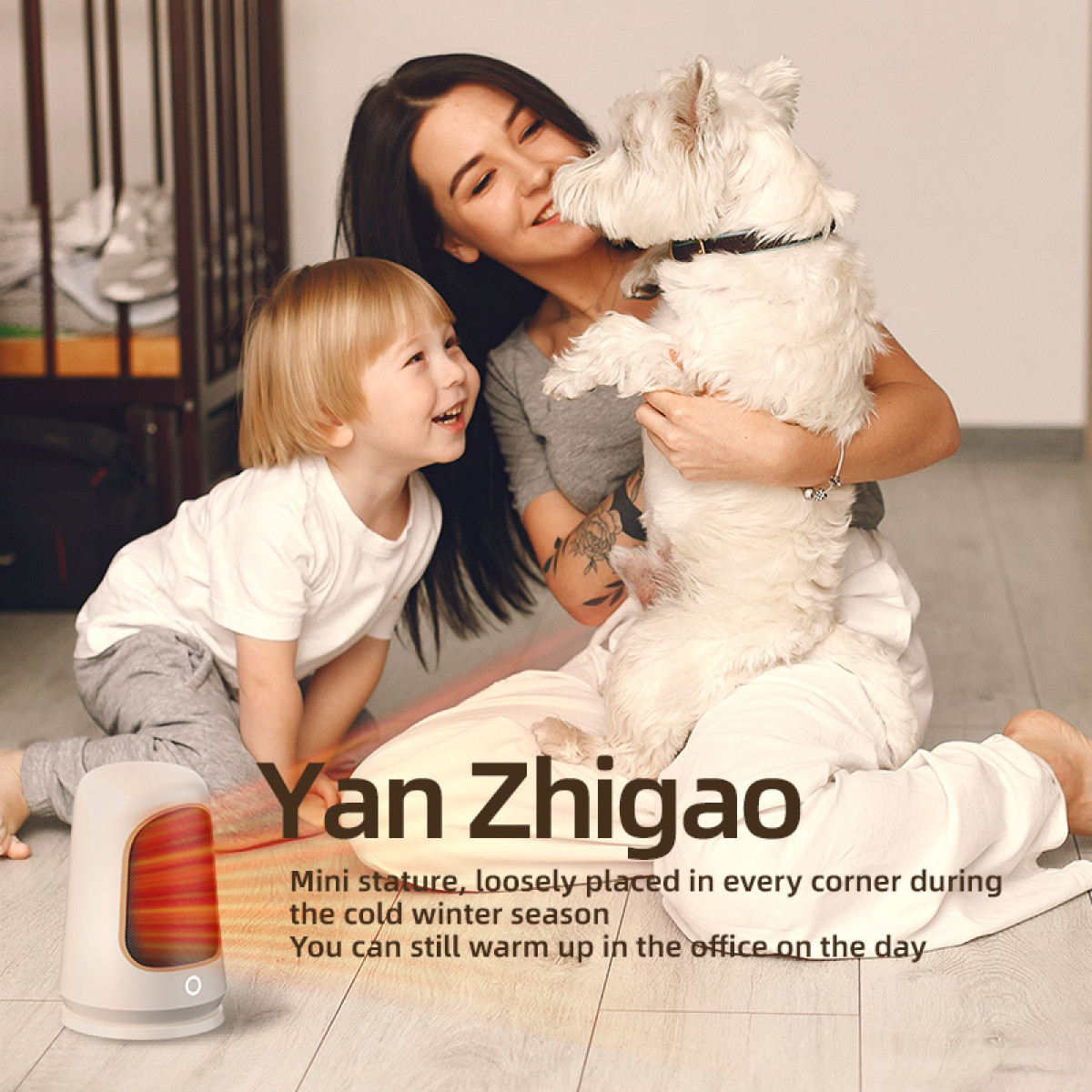 Kobieta i dziecko z psem oraz mały biały grzejnik na podłodze w pokoju.