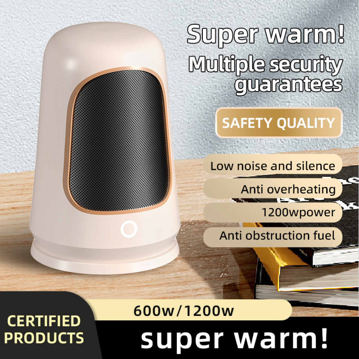 Biało-złoty grzejnik z tekstem o bezpieczeństwie i cechach.