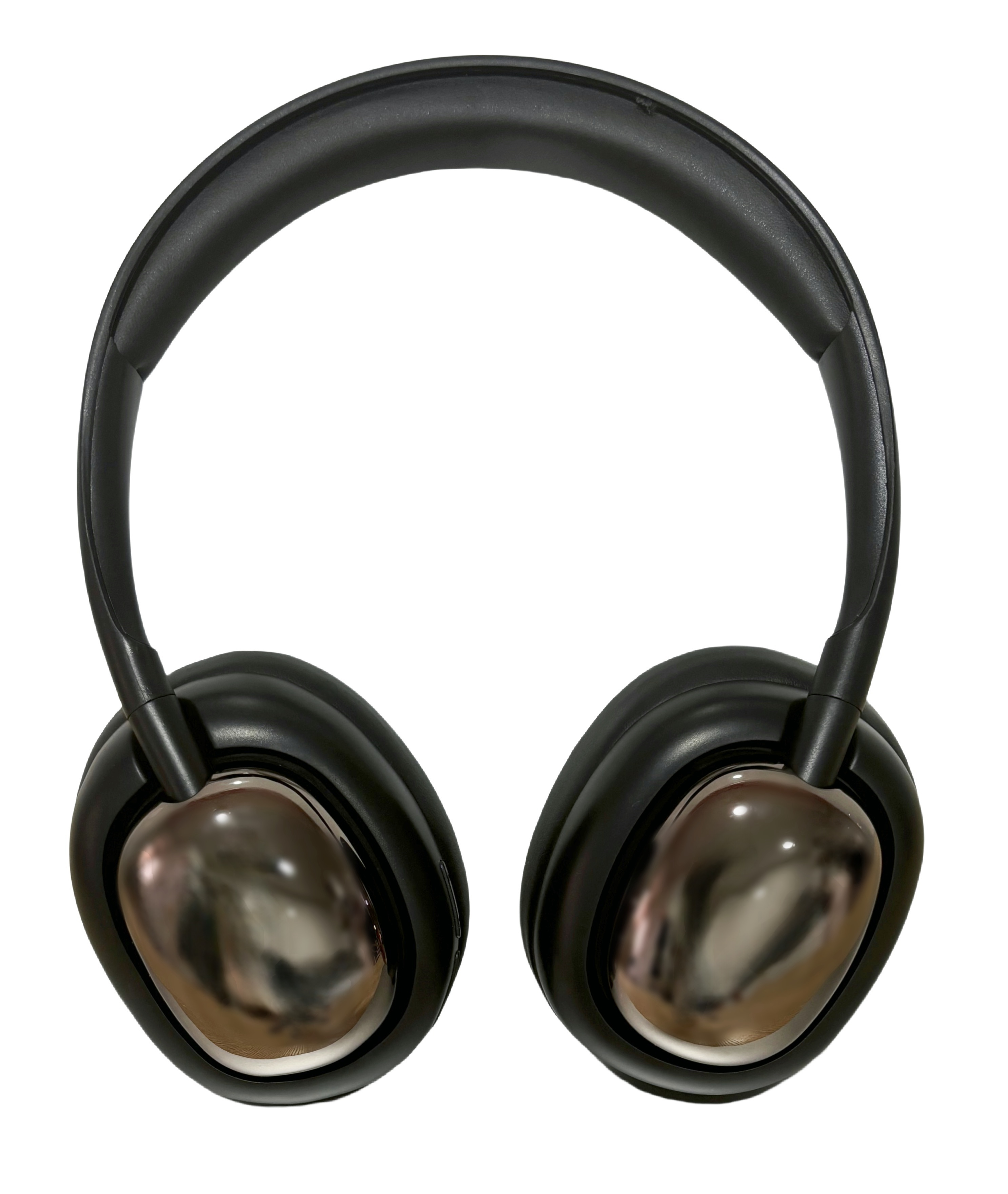 Auriculares negros con copas plateadas, diadema negra.
