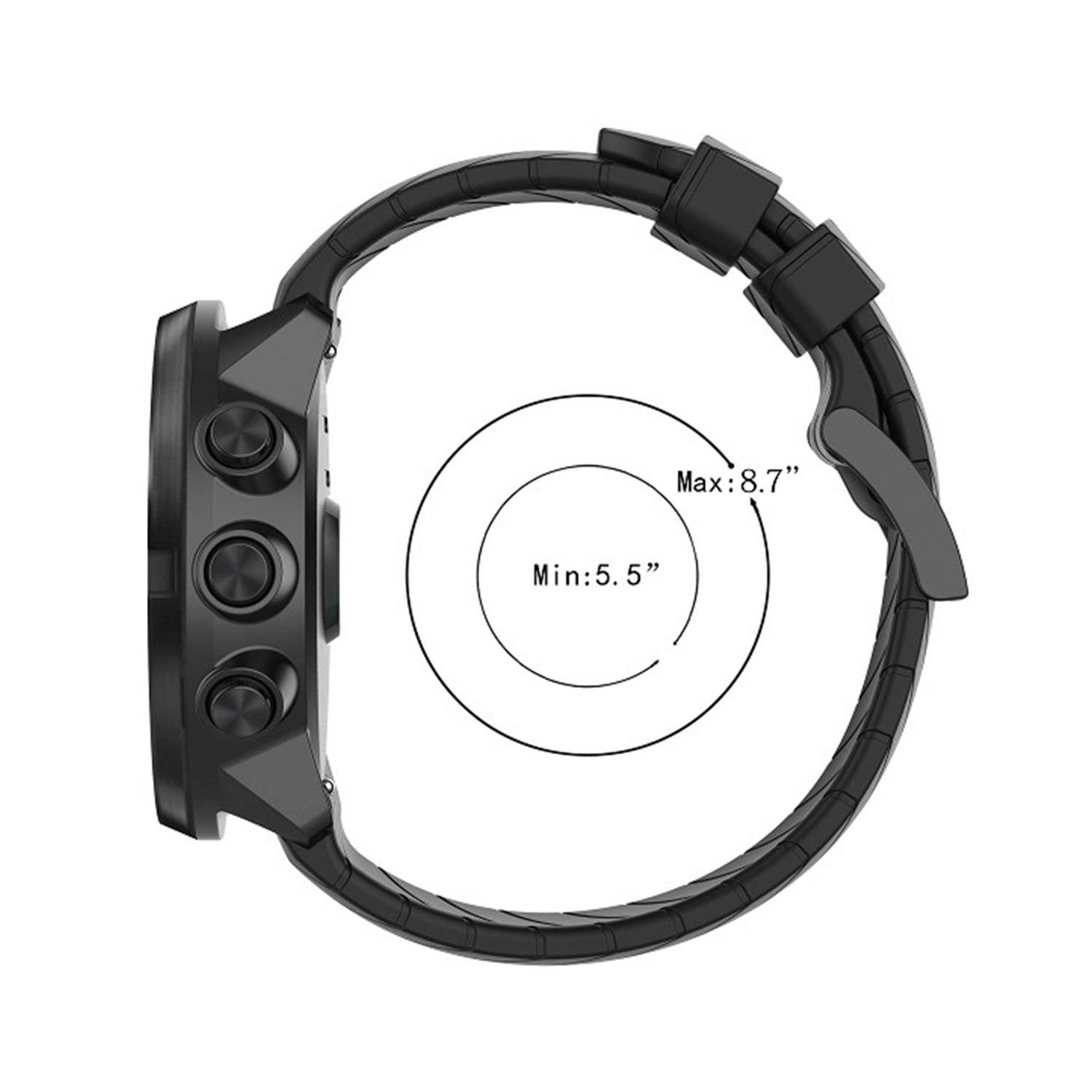 Czarny smartwatch z okrągłą tarczą i czarnym paskiem. Ekran wyświetla wymiary: min 5,5" i maks. 8,7".